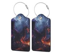 Etichette per bagagli in pelle con anello in acciaio inossidabile per valigie, 2 pezzi, raffiguranti il drago viola che ruggisce sotto nubi temporalesche e campi di lava