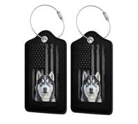 Etichette per bagagli in pelle con bandiera americana e cane Siberian Husky, con copertura per la privacy, carta d'identità per uomini e donne, da viaggio
