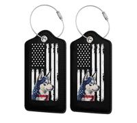 Etichette per bagagli in pelle con bandiera americana e cane Siberian Husky, con copertura per la privacy, carta d'identità per uomini e donne, da viaggio