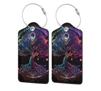 Etichette per bagagli in pelle con copertura per la privacy - Albero della vita e universo Porta badge in acciaio inossidabile nero per valigia, borsa da viaggio, valigetta, 4,6x2,9 pollici