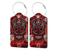 Etichette per bagagli in pelle con copertura per la privacy - Porta badge in acciaio inossidabile con teschio del Giorno dei Morti, per valigia, borsa da viaggio, valigetta, 4,6x2,9 pollici