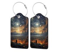 Etichette per bagagli in pelle con copertura per la privacy - Porta badge in acciaio inossidabile con cavo, motivo: città, notte, cielo stellato, paesaggio magico, per valigia, borsa da viaggio, valig