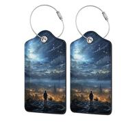 Etichette per bagagli in pelle con copertura per la privacy - Porta badge in acciaio inossidabile con cavo e motivo a cielo stellato, città magica e paesaggio notturno, per valigia, borsa da viaggio,