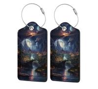 Etichette per bagagli in pelle con copertura per la privacy - Porta badge in acciaio inossidabile con cavo artistico astratto e paesaggio magico nello spazio per valigia, borsa da viaggio, valigetta,