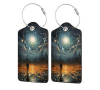Etichette per bagagli in pelle con copertura per la privacy - Porta badge in acciaio inossidabile con cavo magico in cielo stellato, città e paesaggio notturno, per valigia, borsa da viaggio, valigett