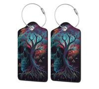 Etichette per bagagli in pelle con copertura per la privacy - Porta badge in acciaio inossidabile vintage scuro con teschio, albero della vita e morte, per valigia, borsa da viaggio, valigetta, 4,6x2,