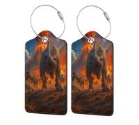 Etichette per bagagli in pelle con dinosauri in fuga dal vulcano in eruzione, con copertura per la privacy e anello in acciaio inossidabile per viaggi 1