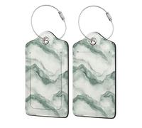 Etichette per bagagli in pelle con effetto marmo bianco pallido con montagne nebbiose, confezione da 2, con patta per la privacy, etichetta identificativa con nome e anello in metallo, per donne e