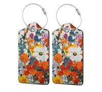 Etichette per bagagli in pelle con fiori dipinti d'arte vintage, 4 pezzi | Targhette identificative in pelle PU con anelli in acciaio inox, copertura per la privacy, accessori da viaggio per borse e