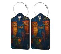 Etichette per bagagli in pelle con gufi mistici su un ramo di notte, con copertura per la privacy e anello in acciaio inossidabile per viaggi, 2 pezzi
