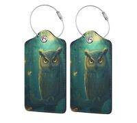 Etichette per bagagli in pelle con gufo illuminato dalla luna e lucciola, con copertura per la privacy e anello in acciaio inossidabile per i viaggi 1