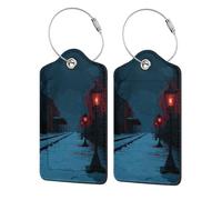 Etichette per bagagli in pelle con lanterne gotiche lungo il sentiero innevato per valigie, confezione da 2 etichette per bagagli con patta per la privacy, etichetta identificativa con nome e anello