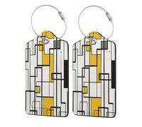 Etichette per bagagli in pelle con linee geometriche gialle, grigie e nere, con copertura per la privacy e anello in acciaio inossidabile per viaggi, 2 pezzi