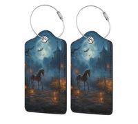 Etichette per bagagli in pelle con motivo a cavallo, zucca e castello al chiaro di luna di Halloween, con copertura per la privacy e anello in acciaio inossidabile per viaggi, 4 pezzi