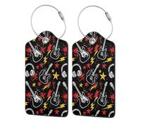 Etichette per bagagli in pelle con motivo a chitarra e cuffie, 4 pezzi | Targhette identificative in pelle PU con anelli in acciaio inox, copertura per la privacy, accessori da viaggio per borse e
