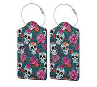 Etichette per bagagli in pelle con ossa e fiori con anello in acciaio inossidabile, divertente copertura per carte d'identità con nome, set di etichette per borse da viaggio, adatte per borse da