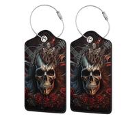 Etichette per bagagli in pelle con protezione per la privacy - Porta badge in acciaio inossidabile con cavo, motivo: teschio, musica, rock, chitarra, morte, per valigia, borsa da viaggio, valigetta, 4