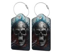 Etichette per bagagli in pelle con protezione per la privacy - Porta badge in acciaio inossidabile con motivo a teschio, musica, rock, heavy metal, per valigia, borsa da viaggio, valigetta, 4,6 x 2,9