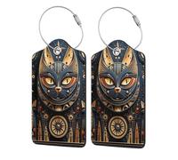 Etichette per bagagli in pelle con protezione per la privacy - Porta badge in acciaio inossidabile nero vintage con motivo a gatti divertenti e mitologia egizia per valigia, borsa da viaggio, valigett