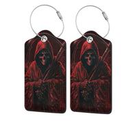 Etichette per bagagli in pelle con protezione per la privacy - Porta badge in acciaio inossidabile scuro con teschio della morte e del mietitore rosso per valigia, borsa da viaggio, valigetta, 4,6x2,9
