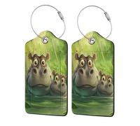 Etichette per bagagli in pelle con simpatico ippopotamo in stile giungla, con copertura per la privacy e anello in acciaio inossidabile per i viaggi 1