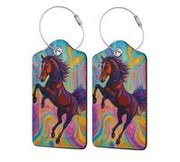 Etichette per bagagli in pelle di cavallo con motivo a cartoni animati colorati, con copertura per la privacy e anello in acciaio inossidabile per viaggi, 2 pezzi