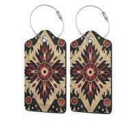 Etichette per bagagli in pelle geometrica tradizionale azteca marrone dei nativi americani con copertura per la privacy - Porta badge in acciaio inossidabile per valigia, borsa da viaggio e valigetta