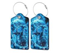 Etichette per bagagli in pelle nera con motivo teschio blu, mistero, orrore, neon, fuoco, fiamma, con copertura per la privacy - Porta badge in acciaio inossidabile per valigia, borsa da viaggio, vali