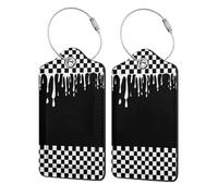 Etichette per bagagli in pelle nera e bianca con motivo a scacchi che si sciolgono e gocciolano, confezione da 2 etichette per bagagli con patta per la privacy, etichetta identificativa con nome e