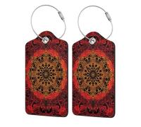Etichette per bagagli in pelle nera e rossa con motivo mandala, tradizionali, popolari e sacre, geometriche, con copertura per la privacy, porta badge in acciaio inossidabile per valigia, borsa da via