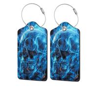 Etichette per bagagli in pelle nera neon con motivo a teschio, fiamma blu, fuoco, mistero e orrore, con copertura per la privacy, porta badge in acciaio inossidabile per valigia, borsa da viaggio e va