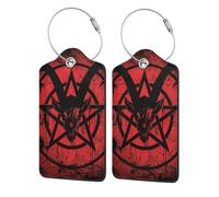 Etichette per bagagli in pelle nera rossa scura con pentagramma di demone capra malvagio satanico con copertura per la privacy - Porta badge con cavo in acciaio inossidabile per valigia, borsa da viag
