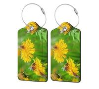 Etichette per bagagli in pelle per valigie - Le api impollinano un dente di leone giallo etichette per valigie, etichette identificative per nome, borsa da viaggio per accessori per bagagli con anello