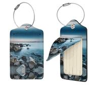 Etichette per bagagli in pelle PU per valigie, etichetta identificativa con anello in acciaio inossidabile, etichetta per borsa da viaggio, etichette per nome mare calmo e rocce, etichette per bagagli