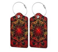 Etichette per bagagli in pelle rossa e nera con motivo mandala, tradizionali, popolari e sacre, geometriche, con copertura per la privacy, porta badge in acciaio inossidabile per valigia, borsa da via