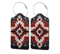 Etichette per bagagli in pelle rossa e nera vintage con triangolo etnico nativo americano con copertura per la privacy - Porta badge in acciaio inossidabile per valigia, borsa da viaggio e valigetta