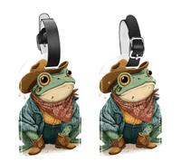 Etichette per bagagli per valigie con divertente rana in stile cartone animato con cappello da cowboy, confezione da 2 identificatori per bagagli in pelle, con patta per la privacy e etichetta