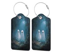 Etichette per bagagli per valigie, con due simpatici fantasmi nel bosco scuro, confezione da 2 etichette per bagagli in pelle con patta per la privacy, etichetta identificativa con nome e anello in