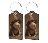 Etichette per bagagli per valigie con rana carina che indossa un cappello da strega, confezione da 2 etichette per bagagli in pelle con patta per la privacy, etichetta identificativa con nome e anello