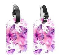 etichette per bagagli per valigie, farfalle rosa e lilla, etichette da viaggio in pelle PU senza cuciture, etichette identificative con nome, protezione della privacy per oggetti essenziali da viaggi