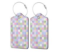 Etichette per bagagli quadrate a scacchi pastello per valigie, confezione da 2 etichette per bagagli in pelle con patta per la privacy, etichetta identificativa con nome e anello in metallo, per donne