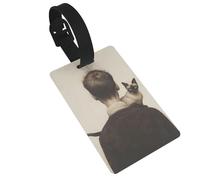 Etichette per bagagli raffiguranti un ragazzo sulla schiena e un gatto di razza siamese sulla spalla, etichette identificative per valigie, ideali per zaini da viaggio e da crociera.