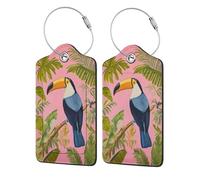 Etichette per bagagli tropicali blu e nero con uccellino tucano per valigia, confezione da 2 etichette in pelle con patta per la privacy, etichetta identificativa con nome e anello in metallo, per