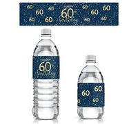Etichette per bottiglie d'acqua blu navy e oro pietra miliare per feste di compleanno, 24 involucri impermeabili, forniture per feste di compleanno premium (60° compleanno)