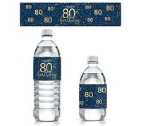 Etichette per bottiglie d'acqua blu navy e oro pietra miliare per feste di compleanno, 24 involucri impermeabili, forniture per feste di compleanno di alta qualità (80° compleanno)
