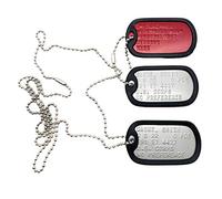Etichette per cani militari - Set di 2 targhette personalizzate in acciaio inox nichelato con targhetta medica aggiuntiva rossa con catene a sfera e silenziatori