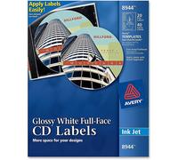 Etichette per CD Avery Full-Face per stampanti a getto d'inchiostro, bianche lucide, 20 etichette per dischi e 40 etichette per dorso (8944)
