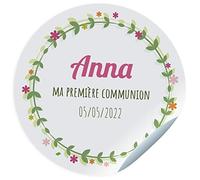 ETIKIDS Adesivi per la comunione. Adesivi personalizzati con nome e data per i regali dei tuoi ospiti. Dimensioni 45/60/75 mm. (Testo rosa)