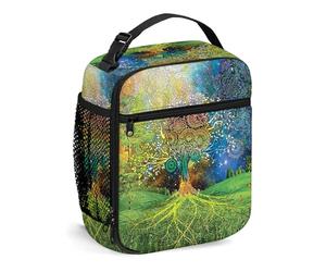 Etnico, Borsa per il pranzo Borsa per il pranzo isolata Borse riutilizzabili per donne Uomini Lavoro Picnic Campeggio, Albero in Madre Terra Illustrazione artistica, Lunchbox portatile per adulti Verd