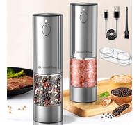 Etnirothbw Set macina sale e pepe elettrico con 2 macinini automatici in acciaio inox, ricaricabili, 5 gradi di macinazione regolabili, contenitore da 95 ml, una base di cuscinetto, luce LED, carica